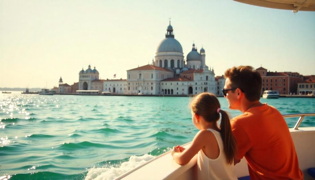 Family viewing basilica during yacht tours of UNESCO sites in Venice.